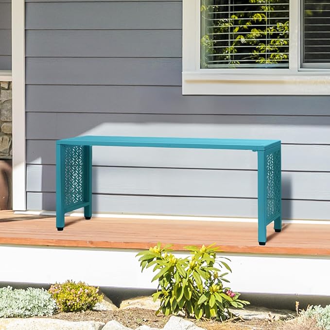 VINGLI 40in Outdoor Metal Bench, All-Weathe Backless Patio Bench with Slatted Seat＆Floral Side Panels, Rust-Resistant Garden Bench, Weatherproof Outdoor Seating for Porch Entryway Backyard (Blue)