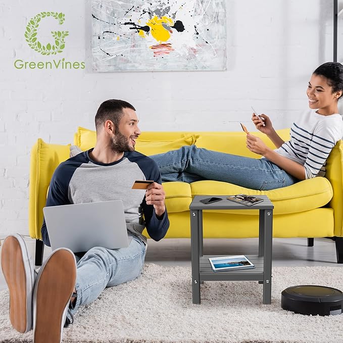 GREENVINES Adirondack-Outdoor-Side-Table | Set of 4 | 14 x 13 Inches | HDPE Plastic | All Weather | Grey | Outside End Tables | Storage Shelf | for Patio Porch Backyard Indoor