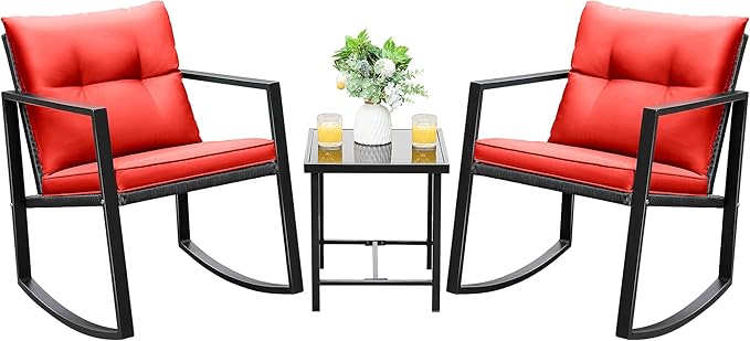 Devoko 3 Piece Rocking Bistro Set Wicker Patio Outdoor Furniture Porch Chairs Conversation Sets with Glass Coffee Table (Red)