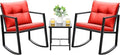 Devoko 3 Piece Rocking Bistro Set Wicker Patio Outdoor Furniture Porch Chairs Conversation Sets with Glass Coffee Table (Red)