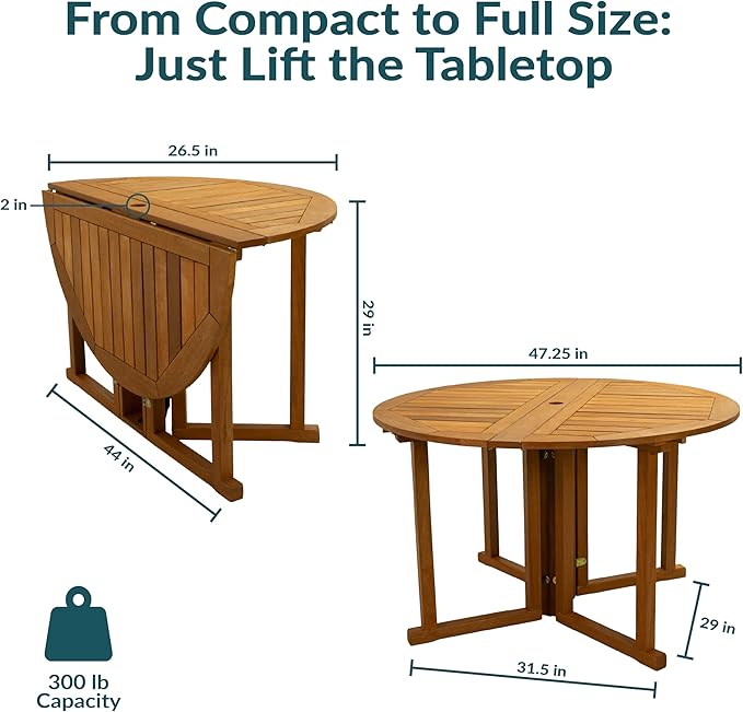 Sunnydaze Malaysian Hardwood Folding Gateleg Patio Dining Table with Teak Oil Finish - 4-Person Space-Saving Round Outdoor Table - 47.25” D x 29" H