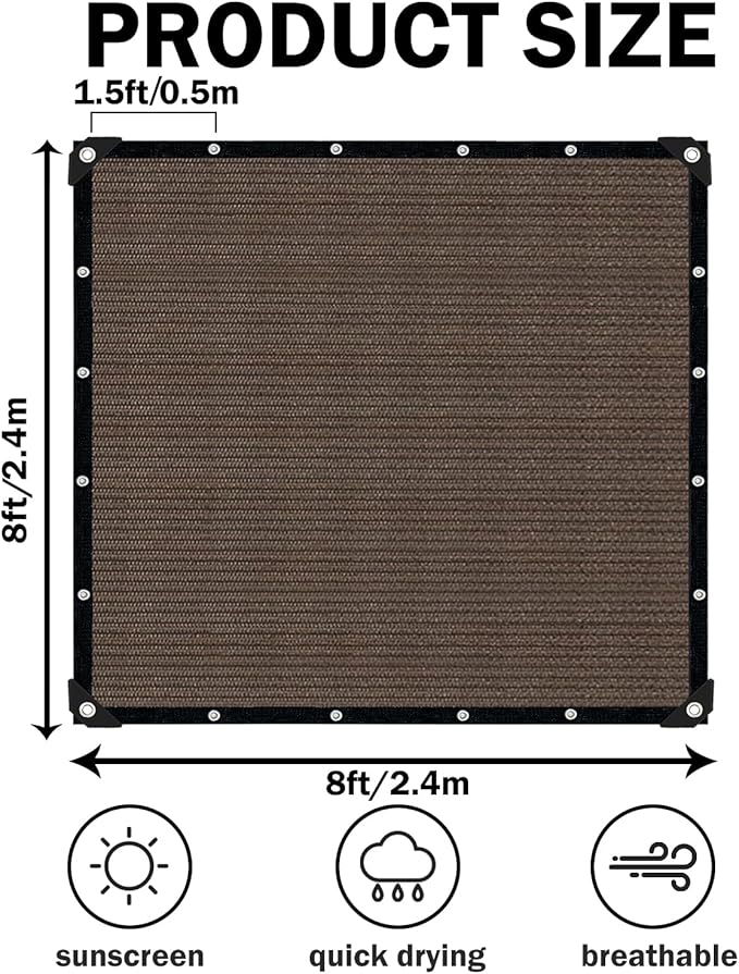 Sun Shade Cloth with Grommets,90% UV Protection Shade Fabric,Pergola Shade Cover Canopy Fence Privacy Screen Balcony,Brown Sunshades for Patio Pergola Garden Backyard Outdoor,Mocha-8x8FT