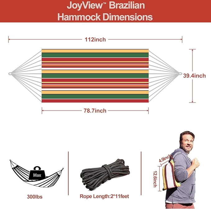 JoyView Brazilian Hammock for Single Person - Portable Cotton Hammock with Hanging Ropes & Carry Bag - 78.8x39.4' - 300LBS Capacity - Red & Green Stripes