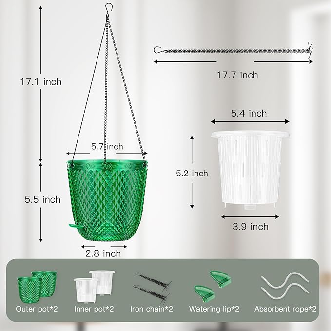 QCQHDU Self Watering Hanging Pots, 2 Pack 5.7 Inch Hanging Planters for Plants Indoor, Outdoor Flower Pots with Drainage Holes and 3 Hooks Chains for Garden Home (Emerald)