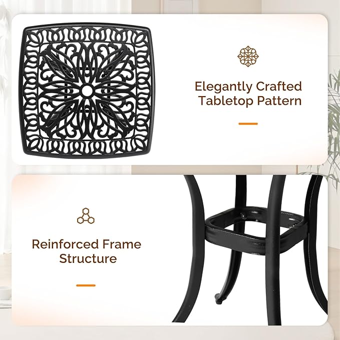 VINGLI 21” Outdoor Side Table, Cast Aluminum All-Weather Patio Side Table Small Outdoor Table Bistro Table for Outside, Porch, Balcony, Patio (Black)