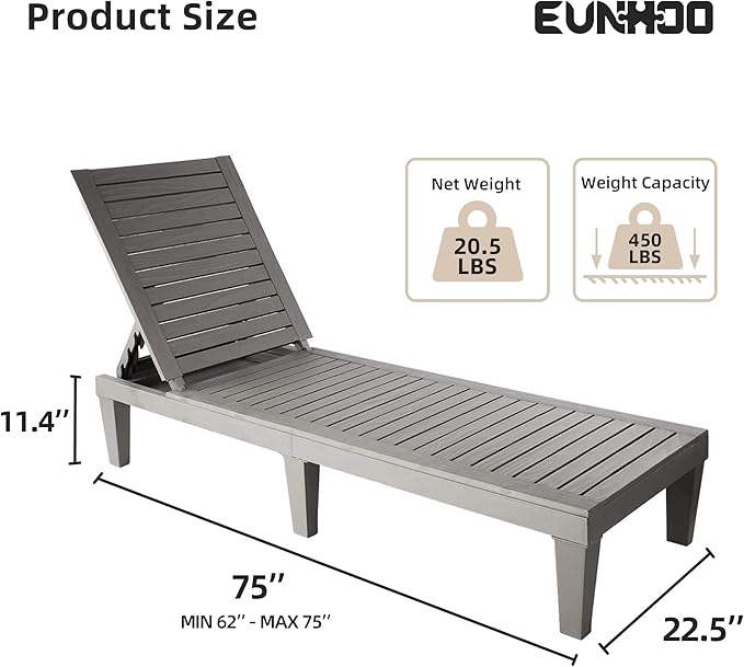 Outdoor Chaise Lounge Set of 2, Adjustable Pool Lounge Chair with 5 Positions Backrest, Waterproof Sun Loungers for Garden Pool Beach Patio Deck Sunbathing
