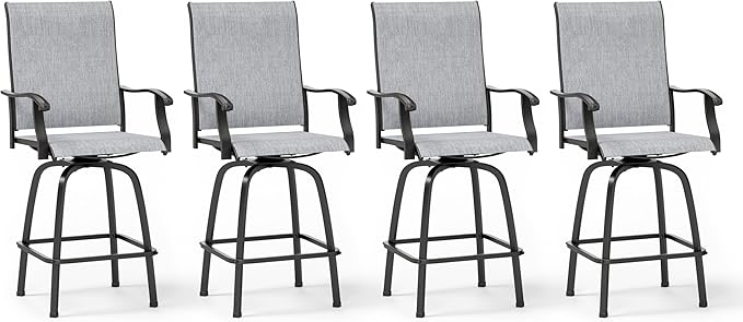 MFSTUDIO Outdoor Bar Stools Set of 4, Swivel Bar Height Patio Chairs Outdoor Barstools High Top Patio Swivel Bar Chairs, Breathable Textilene, Light Grey