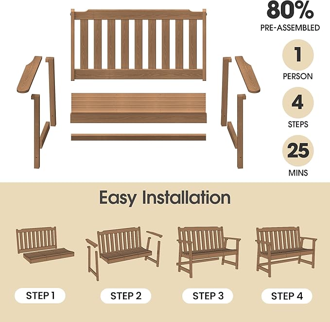 Ciokea 49" Heavy Duty Outdoor Bench, HDPE Weatherproof Porch Benches, Durable 2-Person Garden Benches with 660 Lbs, Waterproof Patio Bench for Outside Balcony Deck Backyard, Teak