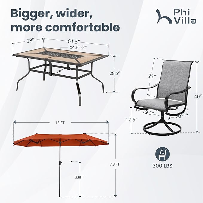 PHI VILLA Outdoor Patio Dining Set with Umbrella for 6 Person, Outdoor Swivel Dining Chairs & 1 Large Wooden-Like Top Table with 13ft Orange Red Outdoor Umbrella(No Base) for Deck Lawn Garden Backyard