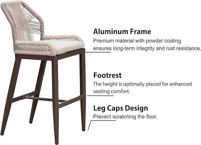 PURPLE LEAF Patio Bar Stool Bar Height Set of 4 Outdoor Rattan Chairs with Back Modern Aluminum Woven Barstools for Garden Indoor Kitchen Coffee