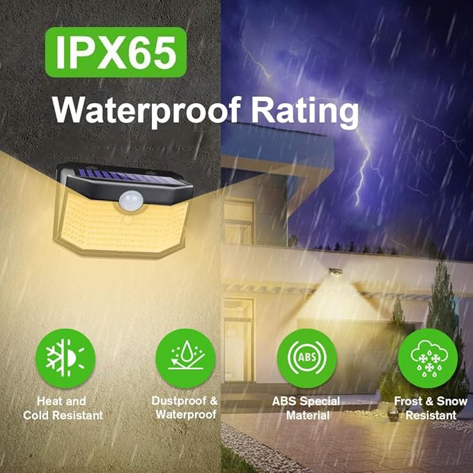 HMCITY 120 LED Outdoor Solar Lights- with Motion Sensor and 3 Lighting Modes, IP65 Waterproof Wide Solar Wall Lights Ideal for Garden Patio Yard (Front Button 4Packs, Black Shell-Warm White)