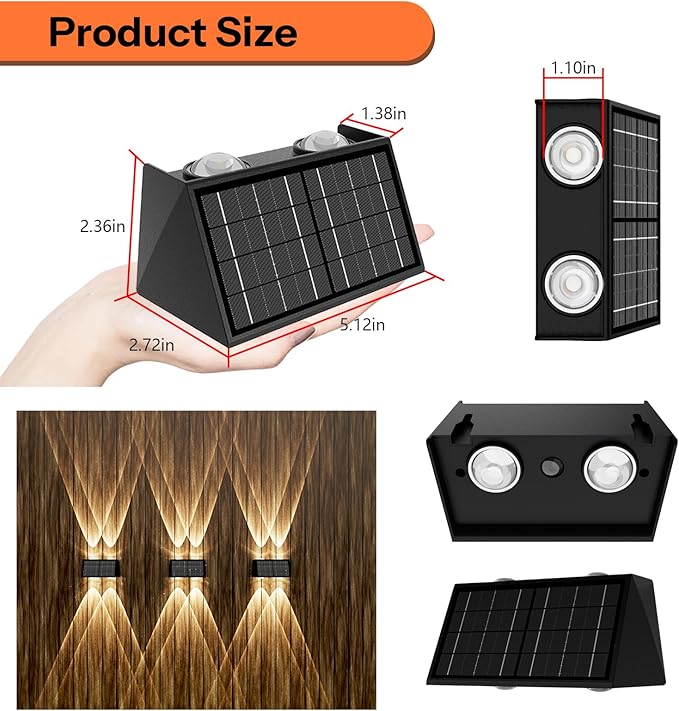 8-Pack Solar Fence Lights, Up & Down Lighting, 50LM/25LM 4 Modes (3000K/6500K), IP65 Waterproof, 1200mAh Battery, Screw/Adhesive Mount for Garden Wall Path Deck