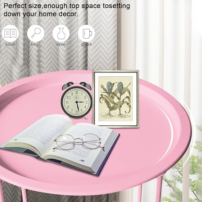 Garden 4 you End Table 2 PCS Metal Side Table Pink Round Folding Tray Cyan Sofa Small Accent Fold-able Table, Round End Table Tray, Next to Sofa Table, Snack Table for Living Room and Bed Room