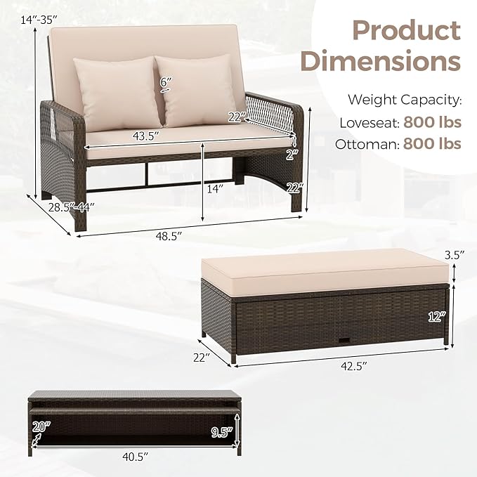 RELAX4LIFE Wicker Patio Outdoor Daybed - Rattan Sunbed Loveseat Sofa Set w/4-Level Adjustable Back, Cushions & Pillows, Storage Ottoman, 2-Person Bed Lounger for Backyard Porch, Patio Daybed (Beige)