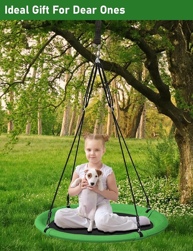 40 Inch Diameter Saucer Tree Swing Set for Kids & Adults, Adjustable Flying Swing Seat for Backyard or Outdoor Playground, Green & Black