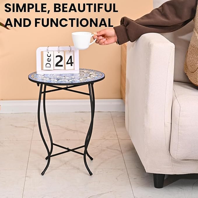 Metal Round Side Table, Weather Resistant Patio Accent Table for Indoor Outdoor Use, 14”Plant Stand for Flower Pots Vase Home Decor, Easy Assemble