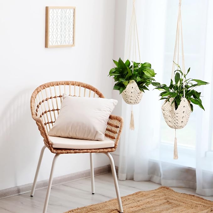 Shappy 2 Pack Jute Crochet Long Plant Hanger for 3 Inch to 12 Inch Pots, Macrame Plant Holder Rope with S Shaped Hooks for Halloween Home Decor (White)