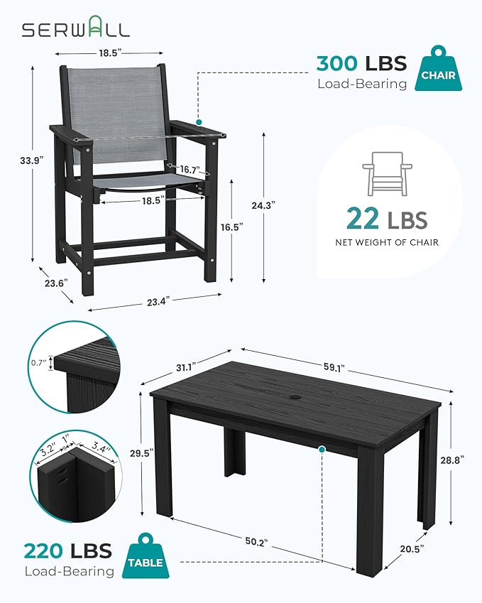 SERWALL 10 Piece Outdoor Dining Table Sets for 8 with 2 Umbrella Hole Cut-Out Rectangular Tables and 8 Textilene Chairs, HDPE Dining Table Sets for Garden, Backyard, Poolside, Black