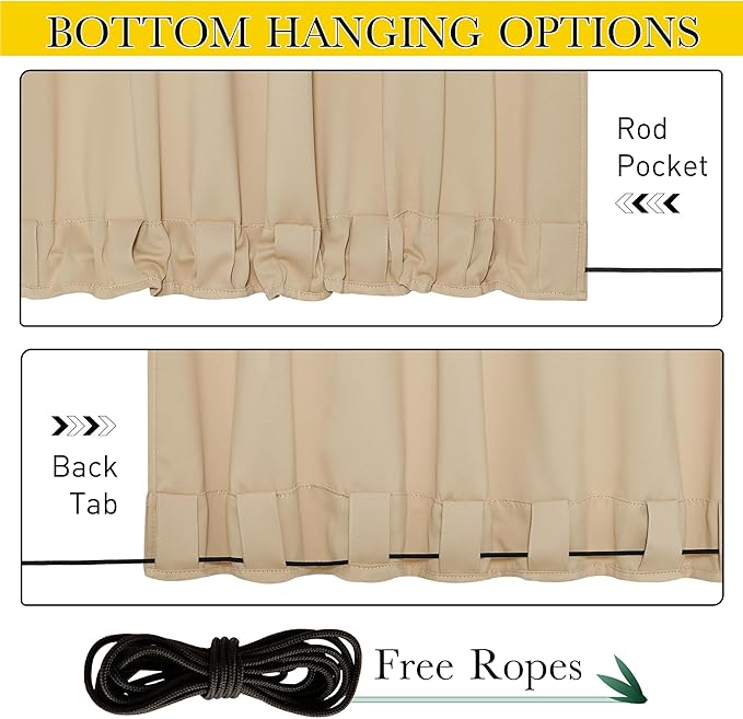 NICETOWN 2 Panels Outdoor Curtains Waterproof Pocket & Back Tab on Top & Bottom, Thermal Insulated Windproof Sun Blocking Outside Privacy Drapes for Patio with Fixed Rope, W84 x L95, Biscotti Beige
