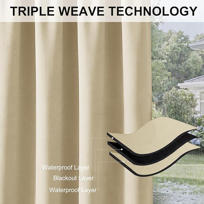 RYB HOME Extra Wide Outdoor Curtains for Patio Waterproof Heavy Duty Thermal Insulated in Summer Full Coverage Privacy for Porch, Cabana & Pool, W150 x L95, Biscotti Beige, 1 Panel