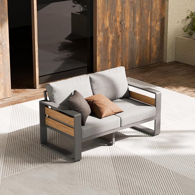 ZANDOR Outside Aluminum Lawn Furniture - 1 Pcs Loveseat, All-Weather Metal Modern Outdoor Loveseat Sofa with Washable Thick Cushion for Garden/Backyard/Porch, Grey