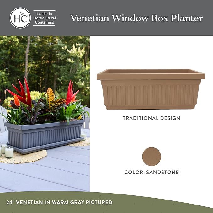 The HC Companies 18 Inch Venetian Window Planter Box with Drainage Plug, Lightweight UV-Resistant Plastic Indoor & Outdoor Planters, 2-Pack Flower Box for Garden & Home Decor, Sandstone