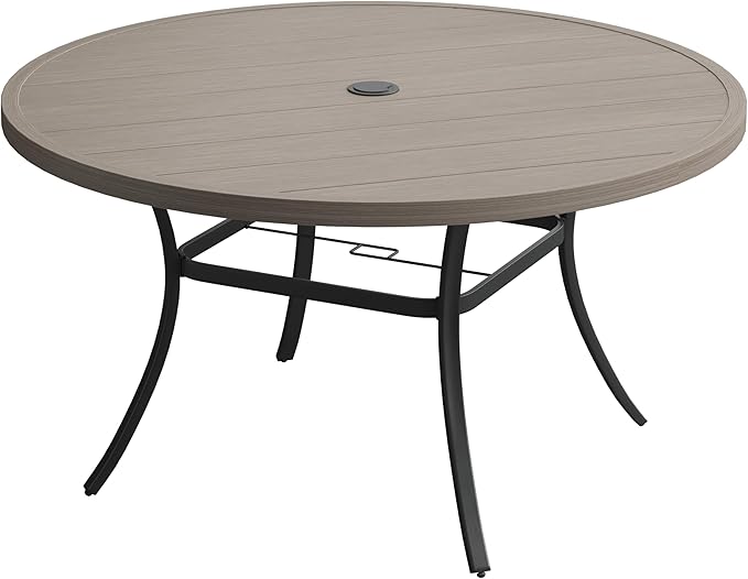 VICLLAX 50" Outdoor Round Patio Table with Umbrella Hole, All Weather Metal Round Outdoor Dining Table for Lawn Garden, 6-8 Person Table, Grey Wood Grain