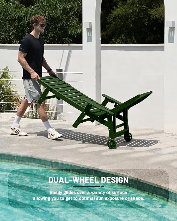 Lounge Chair Outdoor, Chaise Lounge Outdoor, HDPE 6-Position Lounge Chair for Outside, Patio Lounge Chair with Wheels & Cup Holder for Pool Poolside Deck Backyard, Green