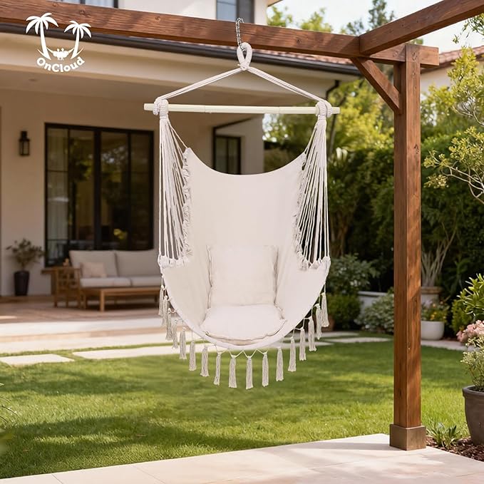 ONCLOUD Hammock Chair Hanging Rope Swing, Load Capacity Up to 550 LBS Macrame Hammock Swing Seat with Two Cushions, Hammock Seats with Portable Steel Spreader Bar for Indoor/Outdoor, Beige