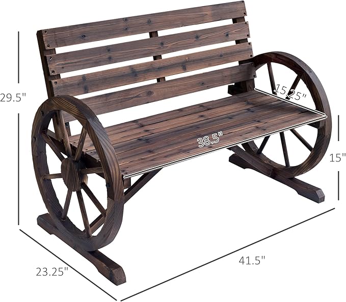 Outsunny 41" Wooden Wagon Wheel Bench, Rustic Outdoor Patio Weather Resistance Furniture, 2-Person Slatted Seat Bench with Backrest, Carbonized