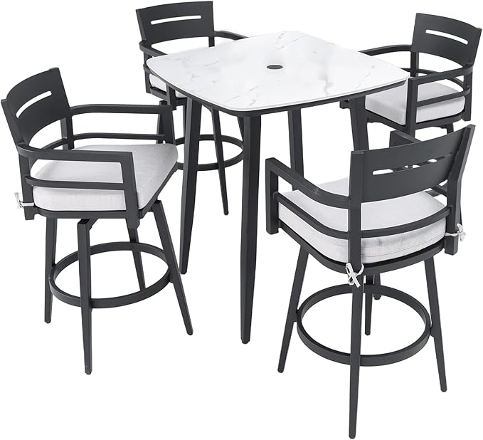 Modern 5PCS Outdoor Patio Bar Set, Rounded Square Sintered Stone Table & 4 Swivel Bar Chairs, Rust-Free Aluminum Frame, Ember Black, Marble-Inspired Top, Bearing Swivel Plate, Tapered Legs