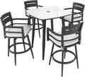 Modern 5PCS Outdoor Patio Bar Set, Rounded Square Sintered Stone Table & 4 Swivel Bar Chairs, Rust-Free Aluminum Frame, Ember Black, Marble-Inspired Top, Bearing Swivel Plate, Tapered Legs