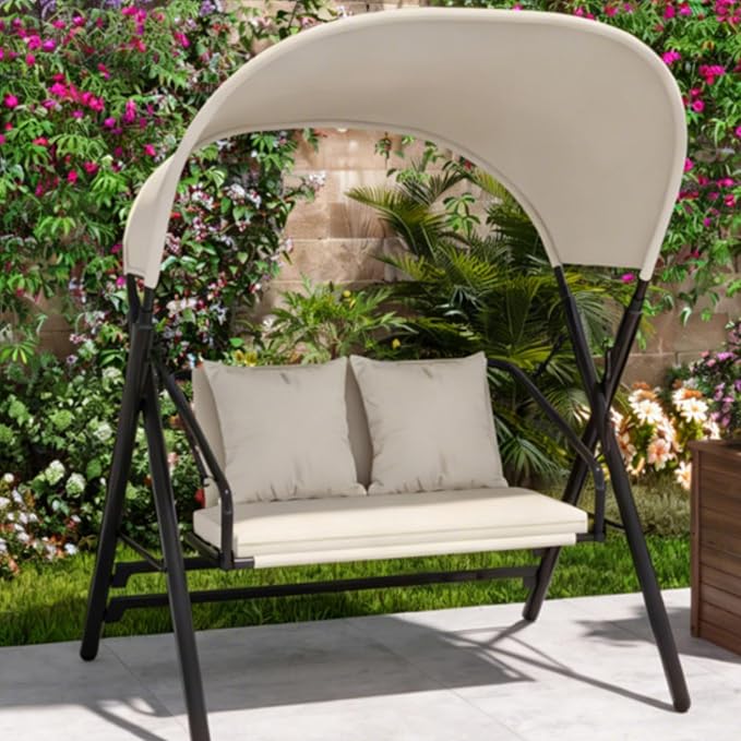 U-MAX 2 Seat Outdoor Porch Swings for Adults Patio Swings with Canopy Stand Metal Steel Frame Patio Swing Chair for Garden Yard Deck Poolside Easy Assembly, Cream White