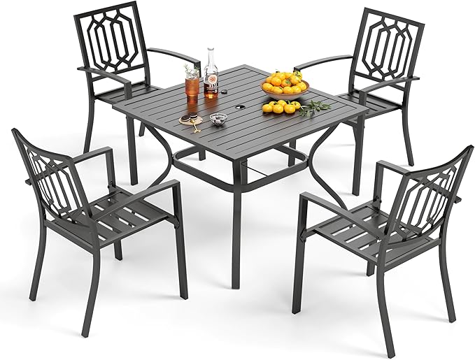 PHI VILLA 5 Pieces Outdoor Dining Set for 4, 37” Black Square Wrought Iron Table with Umbrella Hole & Stackable Chairs, Outside Metal Furniture for Patio, Deck, Yard, Porch