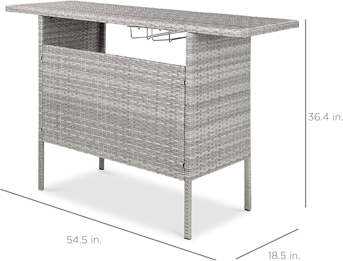 Best Choice Products Outdoor Patio Wicker Bar Counter Table Backyard Furniture w/ 2 Steel Shelves and 2 Sets of Rails - Gray
