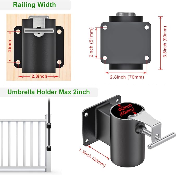Heavy Duty Deck Railing Umbrella Holder, Patio Umbrella Stand for 1-2 Inch Poles, Space-Saving Design, Secure & Sturdy Post Flat Mount for Deck Railing, Balcony, Outdoor Courtyard, Fences