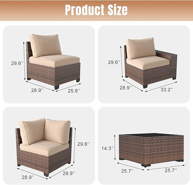 Aoxun 12 Pieces Patio Furniture Set Wicker Rattan Outdoor Sectional Conversation Set with Coffee Table and 4” Thickened Cushions, Beige (Waterproof Cover Included)