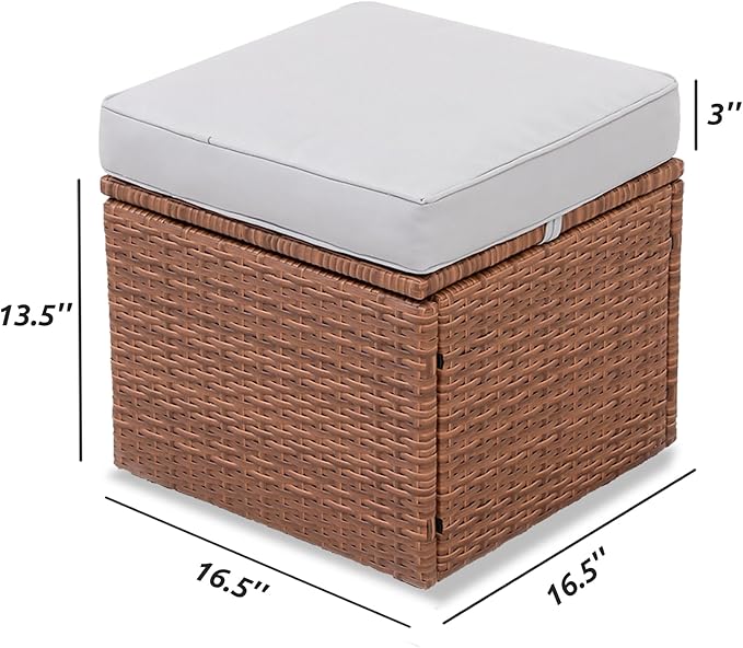 Premium Elegant Gray/Tawny 16.5" 2-Piece w/ 3" Fade-Proof Cushion, All-Weather Wicker Indoor/Outdoor Ottomans, PE Rattan Side Table & Footstools, Footrest, Ideal for Patio.