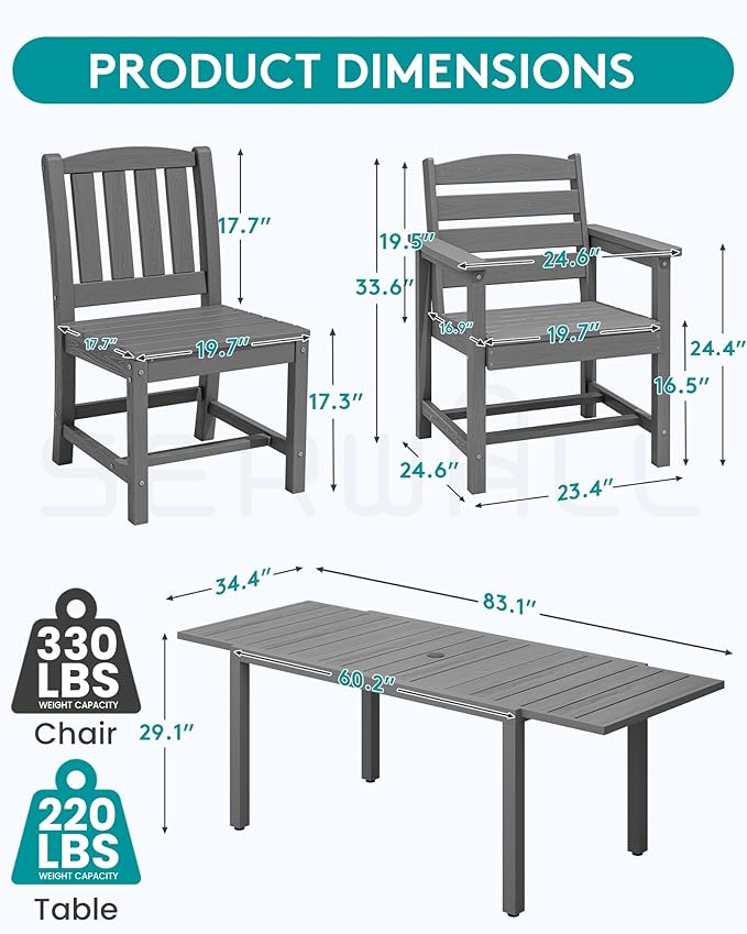 SERWALL 9-Piece Outdoor Dining Set, 60" - 83" Expandable Outdoor Dining Table and 8 HDPE Chairs, All Weather HDPE Outdoor Furniture Set for Backyard, Garden, Grey