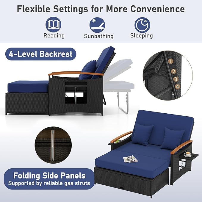 Moccha Outdoor Wicker Daybed, Patio Rattan Loveseat Sofa w/ 4-Level Adjustable Backrest, Folding Panels, Storage Ottoman & Cushions, Lounge Furniture Set for Poolside Backyard Porch (Navy & Black)