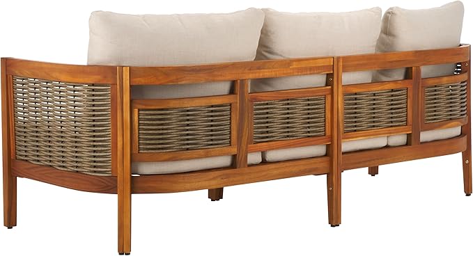 SAFAVIEH Outdoor Collection Amanda Natural Acacia Solid Wood/Taupe Cushion 3-Seater Sofa