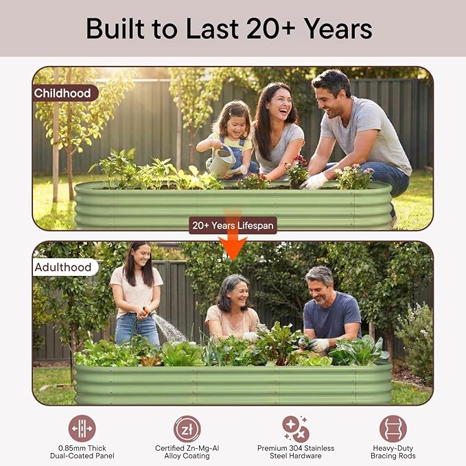 6-Pack 18” Tall Galvanized Raised Garden Beds – New Home Garden Layout, Fits 300 Sq Ft Backyard, 10x2x1.5 & 4x4x1.5 ft Metal Planter Raised Beds Set for Vegetable, Herb & Flower - Moss Green