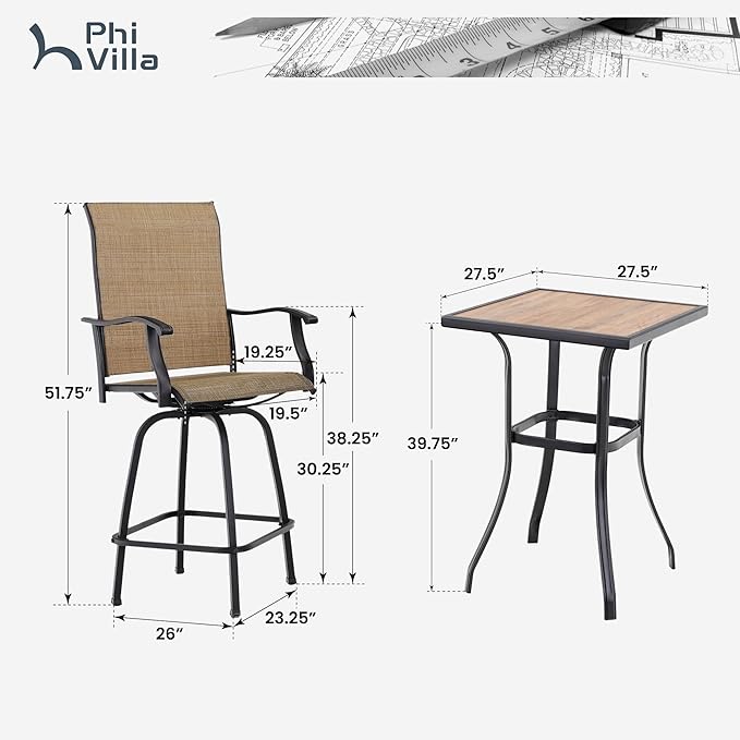 PHI VILLA Outdoor Swivel Patio Bar Set of 9, Patio Bar Table and Chairs Set with High Top Patio Chairs and Wood Like Bar Table, All-Weather Outdoor Bar Furniture Set for Garden, Brown