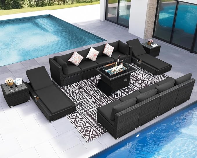 NICESOUL 13 Piece Patio Furniture Set with Fire Pit Table, Luxury Wicker Outdoor Patio Sectional with Fire Pit & Chaise Lounge, 29.3" Highback Extra Large Size Wide Deep Seating, Dark Gray