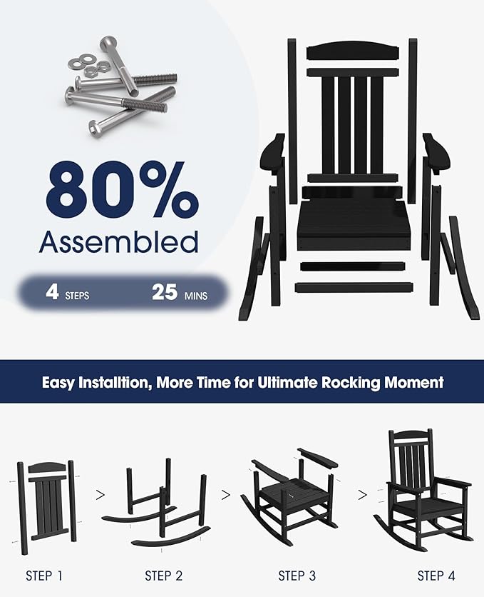 KINGYES HDPE Outdoor Rocking Chair Set of 4, Widened Seat Patio Rocking Chair, Oversized All Weather Patio Rocker, Black