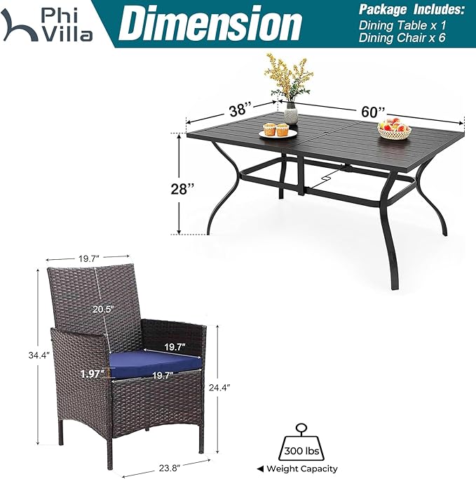 PHI VILLA 7 Piece Outdoor Dining Set for 6, Rectangular Wrought Iron Dining Table with Umbrella Hole & Cushioned Rattan Wicker Chairs for Patio, Deck, Yard, Porch