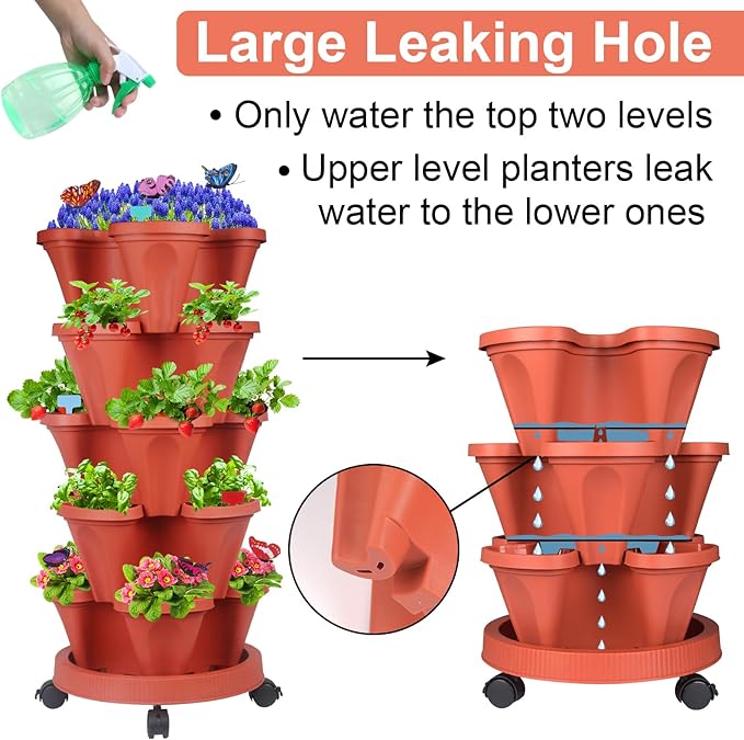 GameXcel Vertical Planter, 5 Tier Stackable Strawberry Planter with Garden Tool Set, Movable Indoor/Outdoor Garden Herb Pot for Growing Vegetables and Succulents, Red