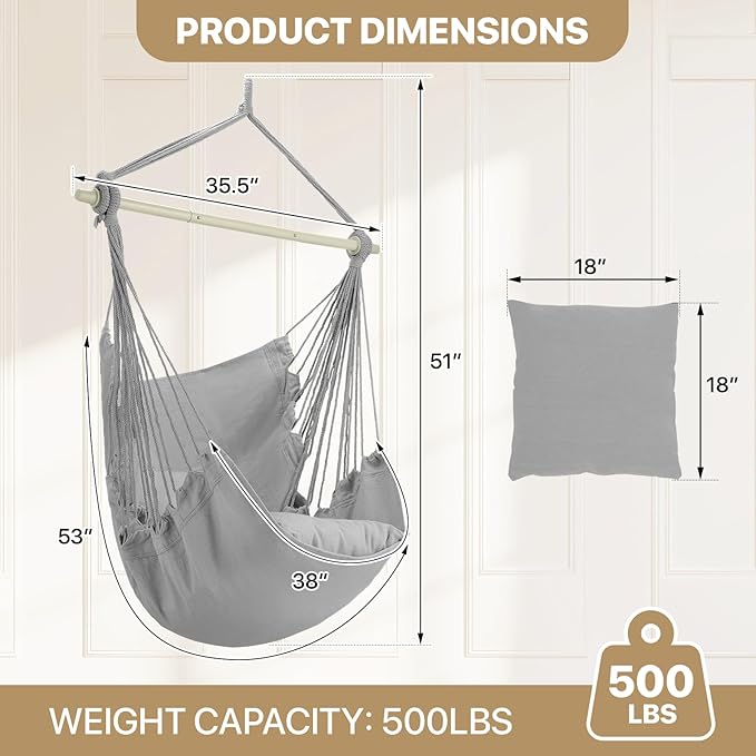 MoNiBloom Hammock Chair Hanging Rope Swing w/2 Cushions, Boho Macrame Hanging Chair Max 350 lbs Capacity w Pocket, Hardware Kit Included, Gray