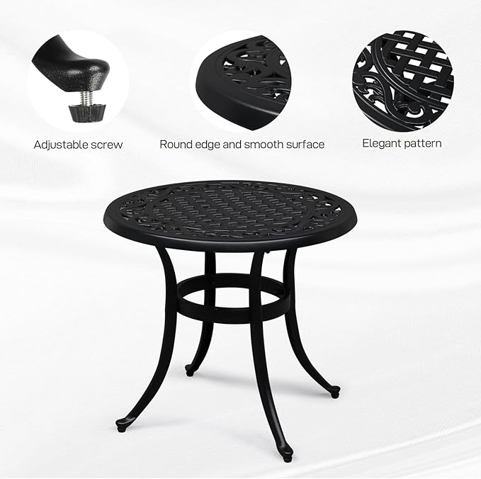 VINGLI 24” Cast Aluminum Outdoor Side Table, All Weather Round Patio Side Table End Table for Porch Backyard Balcony Outside (Black)