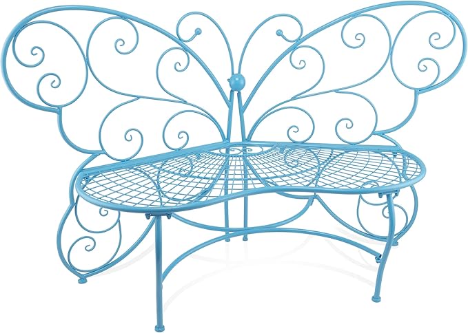 Alpine Corporation BAZ400BL Indoor Outdoor Metal Butterfly Shaped Garden Bench, 62" Long, Blue